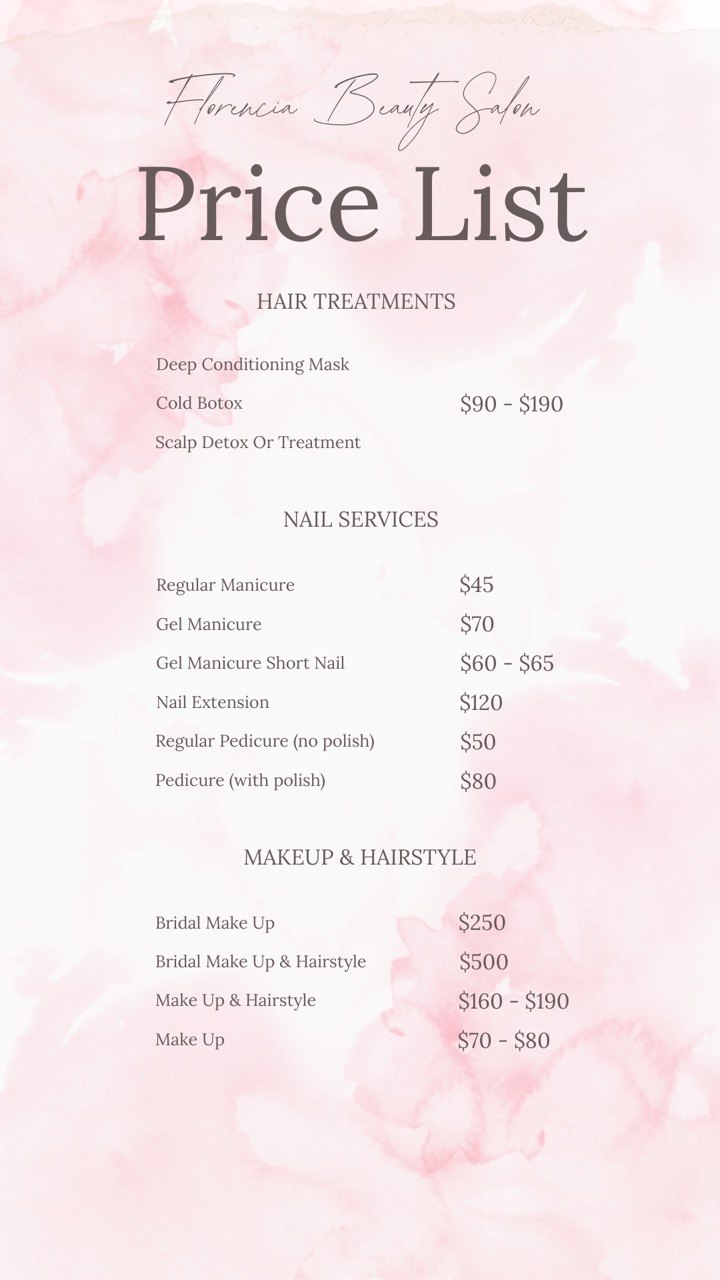Florencia Beauty Salon pricing for eyebrow threading, eyelash extensions, and body services